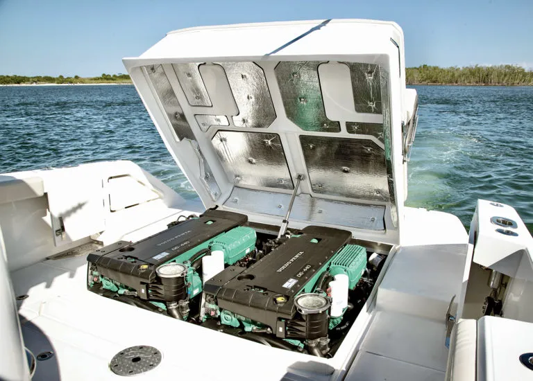 A pair of outboard engines mounted on a transom.