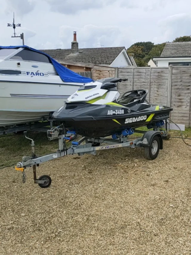 Sea-Doo GTI 130 personal watercraft on a trailer for servicing.